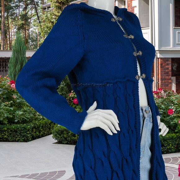 Indigo Cable Knit Hooded Sweater Dress Coat S - Picture 10 of 11